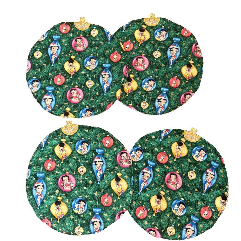 Handmade Quilted Betty Boop Christmas Ornaments PLACEMATS Green Stars Set of 4